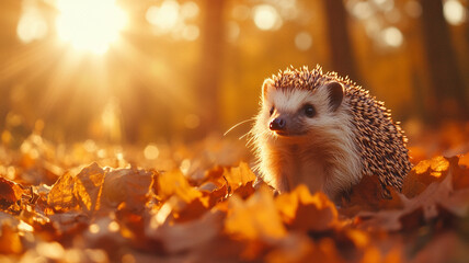 Hedgehog in the forest on a bed of autumn leaves, with sunlight filtering through the trees in the background.