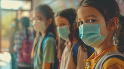 Students from various backgrounds wearing face masks waiting for a temperature check by their teacher to maintain health safety in education amid the pandemic.