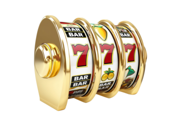 Golden slot machine reels showing triple sevens, fruit symbols, and bar icons, representing a jackpot win in a casino game of chance.