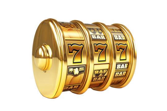 Golden slot machine reels displaying lucky sevens, symbolizing jackpot win. Shiny cylindrical drums with BAR symbols reflect casino gaming excitement.