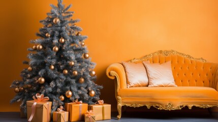 Modern christmas tree and couch in room interior with blank posternew year celebration concept