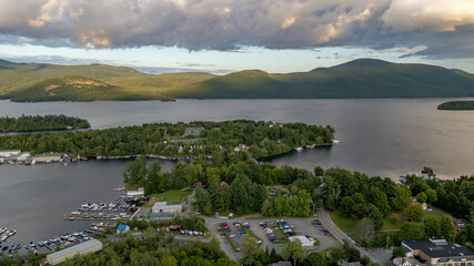 August 20 2024, Sunny afternoon summer aerial image of the area surrounding Bolton Landing, NY, USA and Lake George.