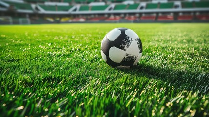Naklejka premium A soccer ball sits on a green grass field with a blurred stadium in the background.