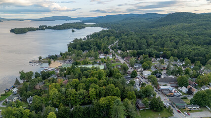 August 20 2024, Sunny afternoon summer aerial image of the area surrounding Bolton Landing, NY, USA and Lake George.