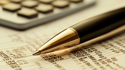 Close-up of a pen on financial documents with a calculator in the background