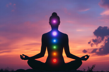 Woman meditating in lotus pose with chakras aura glowing