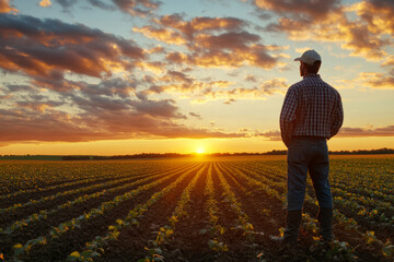 Fototapeta premium Senior farmer is standing in his cultivated agricultural field at sunset