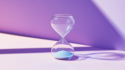 Hourglass with blue sand on a purple background