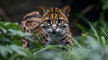 Fototapeta premium Amazon Ocelot prowling through the dense underbrush, its spotted coat blending into the surroundings