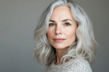 Naklejka premium Beautiful mature woman with gray hair looking at camera
