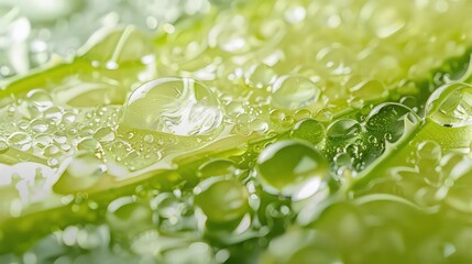 Close-up shot of water droplets on a green leaf, the light reflects in the droplets.