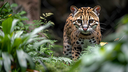 Obraz premium Amazon Ocelot prowling through the dense underbrush, its spotted coat blending into the surroundings