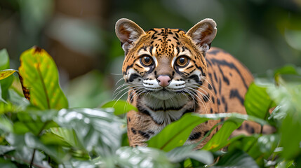 Amazon Ocelot prowling through the dense underbrush, its spotted coat blending into the surroundings