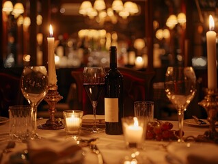 Fototapeta premium Lavish Birthday Dinner in Chic High End Restaurant with Flickering Candles Fine Crystal and Aged Wine