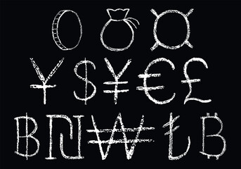 Money signs and bag with money  with chalk texture isolated on black background. Dollar, pound sterling, yen, yuan, euro dollar, etc. currency pictogram. Vector illustration. Set. Not AI created.