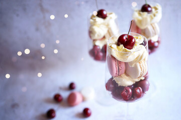 Holiday Macaron, Cherry and Mascarpone Individual Trifle Layered Dessert.