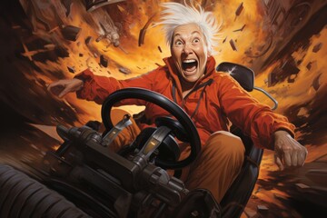 An adventurous elderly person races a go-kart with excitement as debris flies around in a chaotic, explosive backdrop.