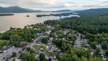 August 20 2024, Sunny afternoon summer aerial image of the area surrounding Bolton Landing, NY, USA and Lake George.
