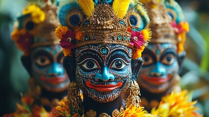 Obraz premium Close-up of three masked figures with blue faces, adorned with gold, flowers, and feathers, standing side-by-side.