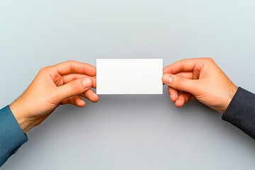 Obraz premium Two hands holding a blank business card on a neutral background, ideal for branding, identity design, and presentations.