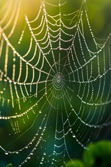 Fototapeta premium A tranquil scene of dewdrops on a spiders web AI generated illustration