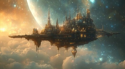 Obraz premium A Futuristic City Suspended in the Clouds of a Starry Sky