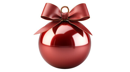 red Christmas ball with ribbon and a bow, isolated on transparent background.