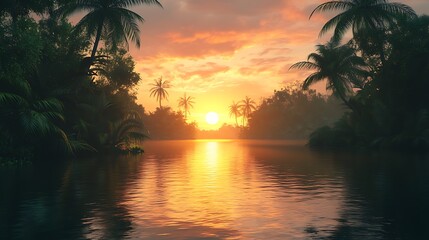 Tropical Sunset Over Still Water With Palm Trees
