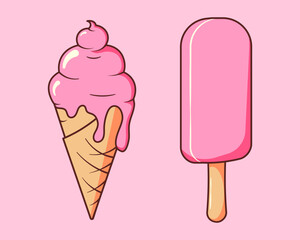 Retro style artwork featuring two cute ice cream, melting in summer heat
