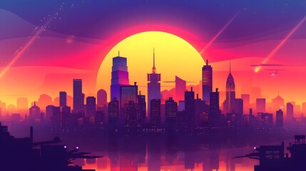 Fototapeta premium A vibrant city skyline at sunset in 3D style illustration AI generated illustration