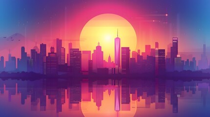 Fototapeta premium A vibrant city skyline at sunset in 3D style illustration AI generated illustration