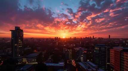 Fototapeta premium A vibrant sunset over a shimmering city skyline viewed from a high vantage point AI generated illustration