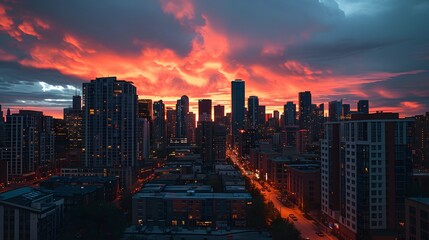 Obraz premium A vibrant sunset over a shimmering city skyline viewed from a high vantage point AI generated illustration