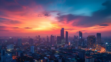 Fototapeta premium A vibrant sunset over a shimmering city skyline viewed from a high vantage point AI generated illustration