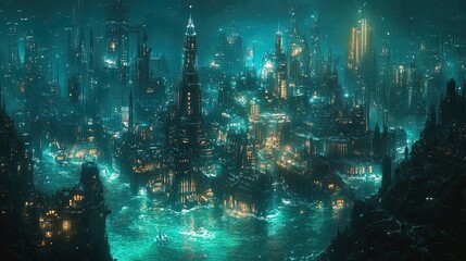 Obraz premium A Cyberpunk Cityscape Illuminated by Golden Lights and Surrounded by a Turquoise Sea