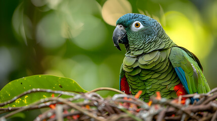 Fototapeta premium Amazon Red-fan Parrot perched on a branch, its vibrant feathers fanned out