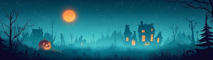 Naklejka premium Halloween house party, eerie atmosphere with blank text area, flat design illustration