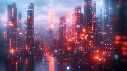 Fototapeta premium Futuristic Cyberpunk Cityscape with Red and Blue Neon Lights