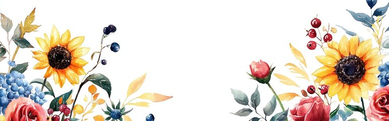 Watercolor Floral Background Featuring Hand Painted Flower Borders Ideal for Invitations and Greeting Cards Showcasing a Frame of Sunflowers Roses Berries and Blue Wildflowers on a White Backgroun