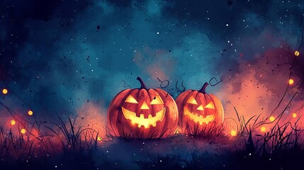 Halloween party with pumpkin lights, text copy space, flat design illustration
