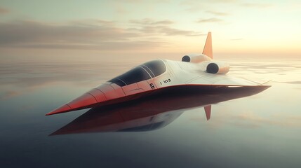 Fototapeta premium Futuristic Airplane Reflecting on Calm Water at Sunset