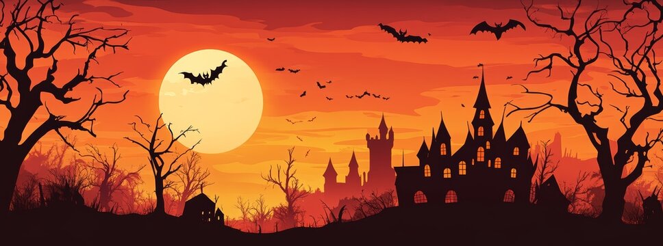 Haunted halloween landscape with a spooky castle and a big moon at night. Orange sky background with bats. Happy Halloween! Party invitation card design. Empty poster template.