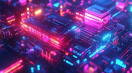 Obraz premium Abstract Neon Circuit Board Background with Pink and Blue Lights