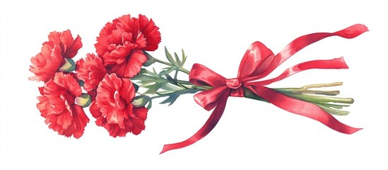 Watercolor illustration of a bouquet featuring red carnation flowers tied with a red satin ribbon presented on a white background