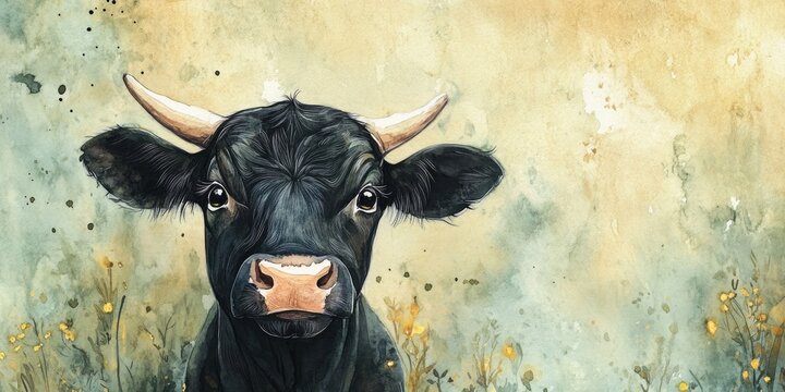 Watercolor illustration of a cow for a New Year s card featuring a zodiac theme