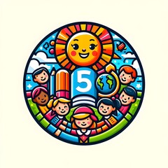 Cyrcle logotype illustration of diverse school children celebrating Grade 5 symbols around the globe