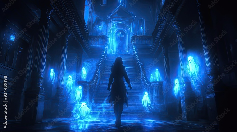 Wall mural A Woman Walks Through a Haunted Hallway Filled with Glowing Ghosts