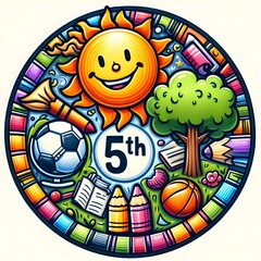 Cyrcle logotype illustration of diverse school children celebrating Grade 5 symbols around the globe
