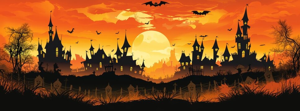 Haunted halloween landscape with a spooky castle and a big moon at night. Orange sky background with bats. Happy Halloween! Party invitation card design. Empty poster template.