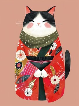 Adorable Illustrated Cat Wearing a Colorful Kimono and Scarf in a Traditional Japanese Style